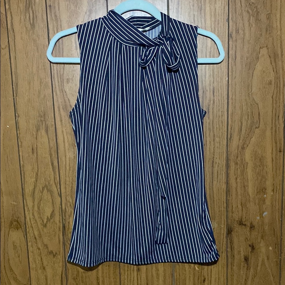 Blue and White Sleeveless Tie Front Blouse